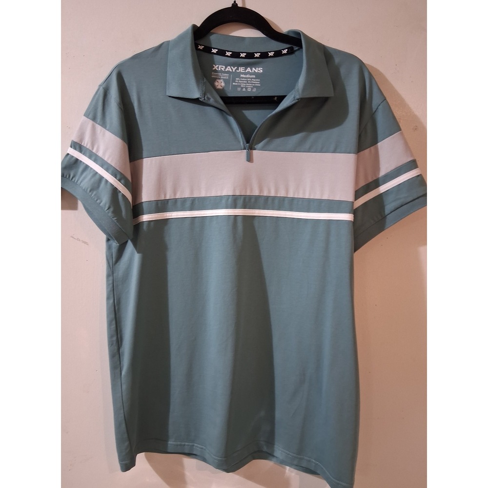 XRAY JEANS Mens Quarter Zip Polo Shirt Teal Colorblock Stripe Stretch Medium